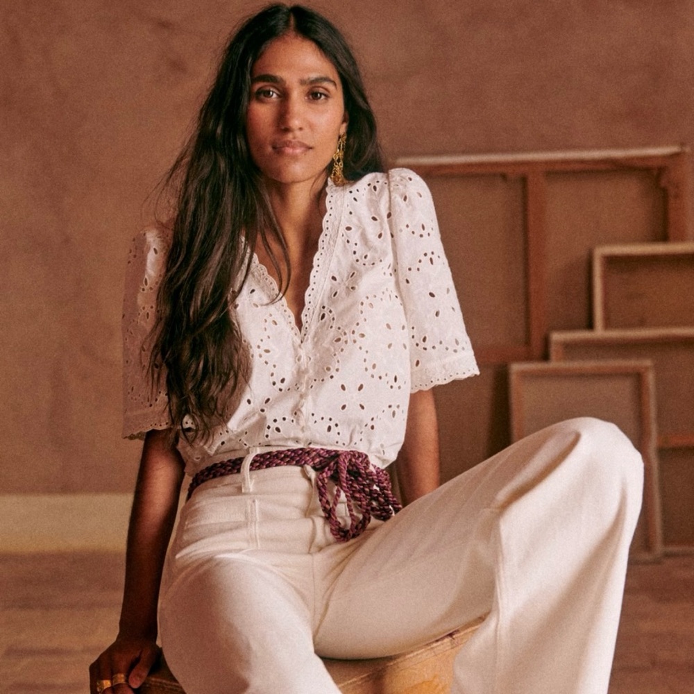 Sezane White Eyelet Lace V-Neck Shirt - Picture 2 of 11